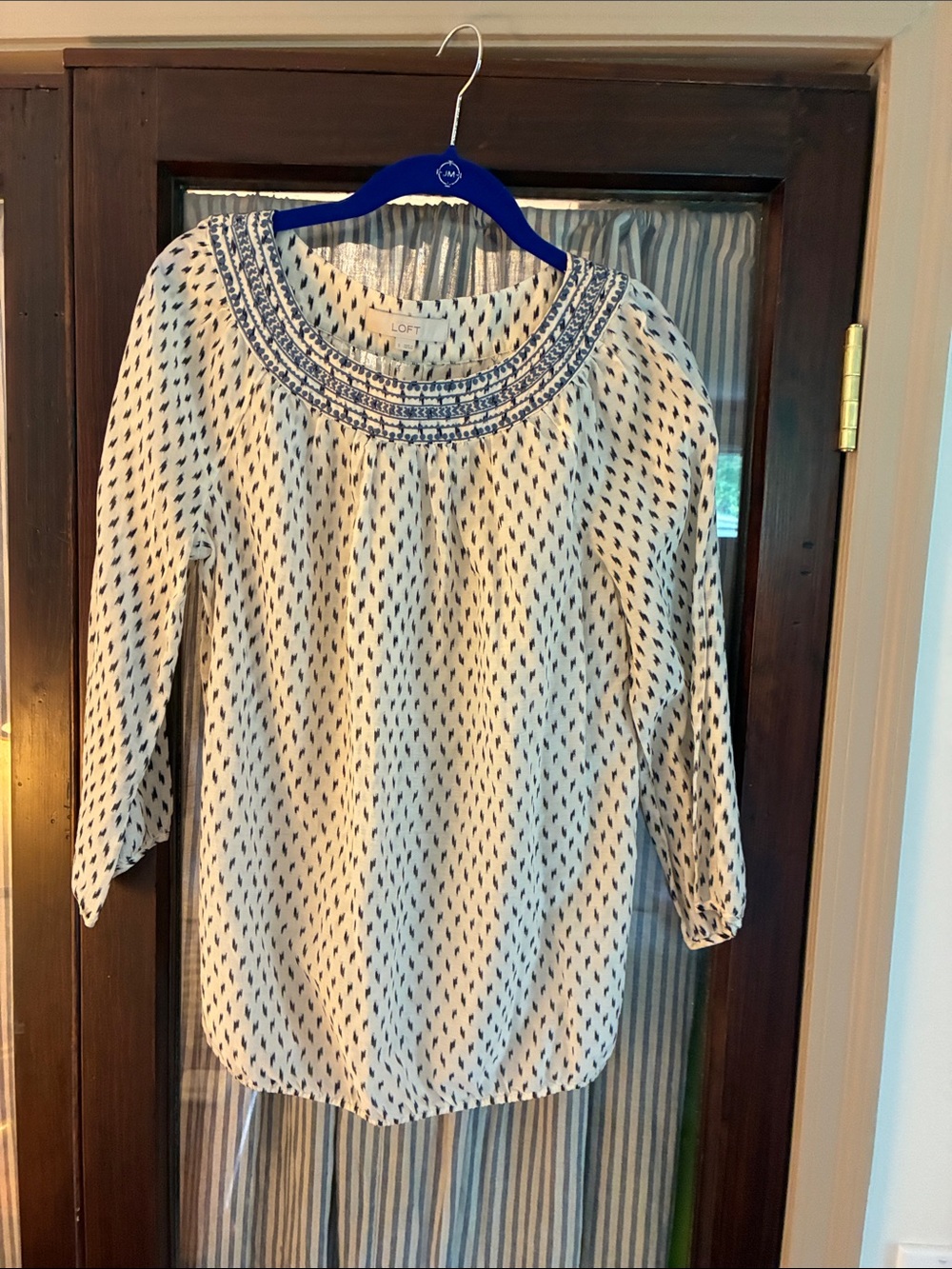 LOFT Cream Blouse with Blue Embroidered Yoke